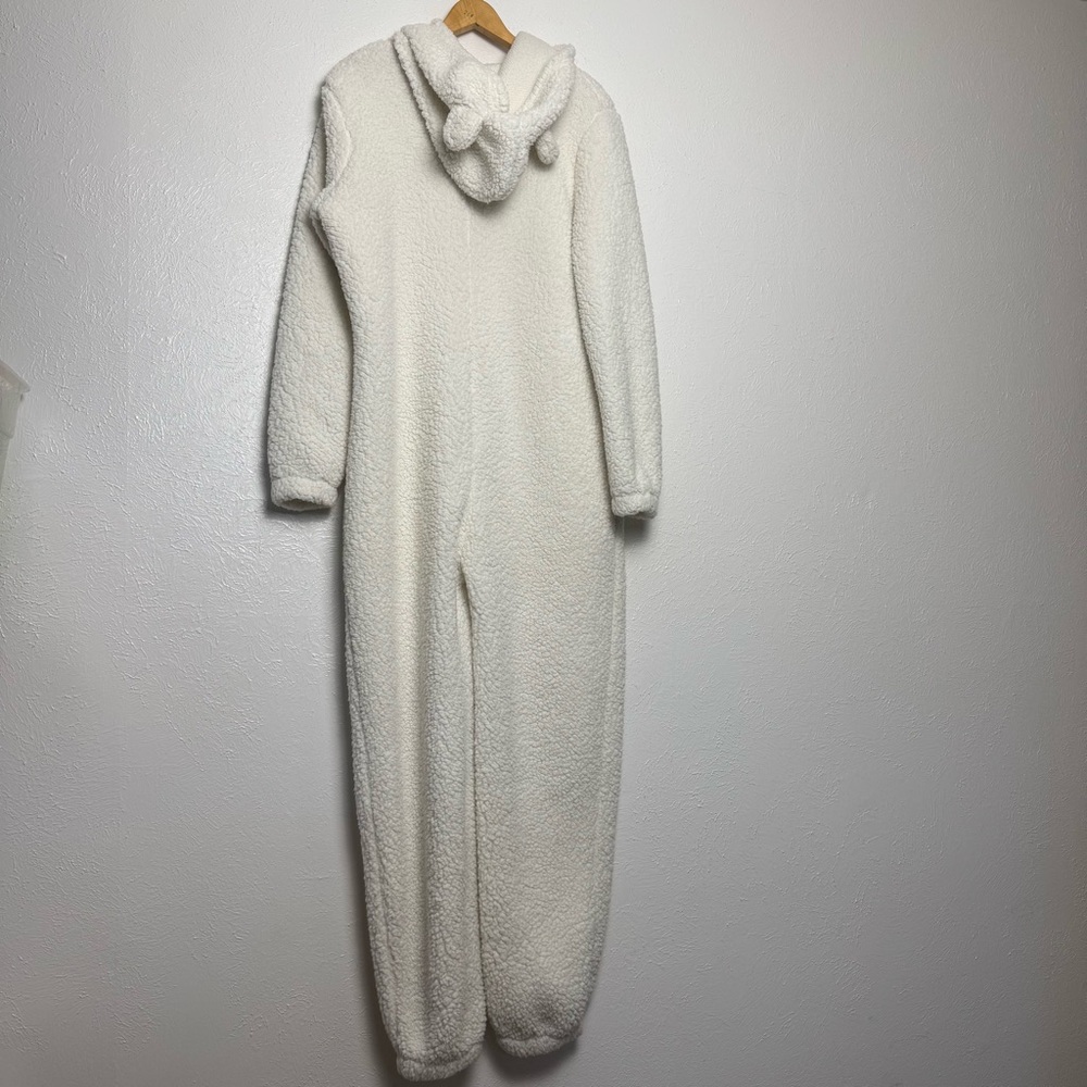 Fleece White Fluffy Polar Bear Zip Up Jumpsuit One Piece